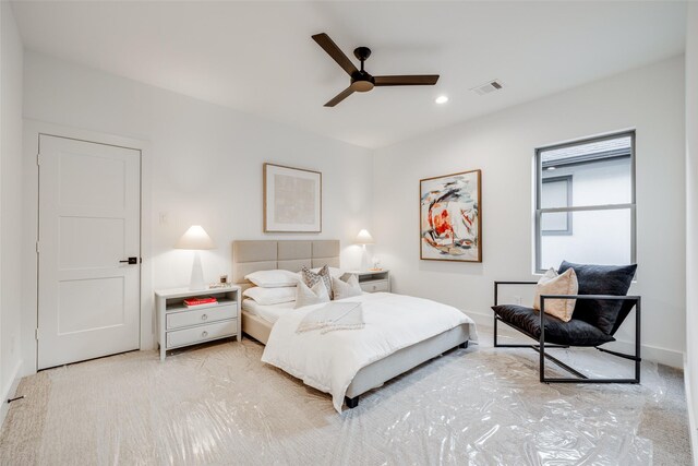 1937 W Clay St, Houston, TX 77019 - bedroom with recessed lighting, a ceiling fan, and light carpet