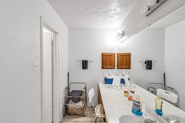 3822 Quiet Place Dr, Houston, TX 77082 - bathroom with a textured ceiling, wood finished floors, and double vanity