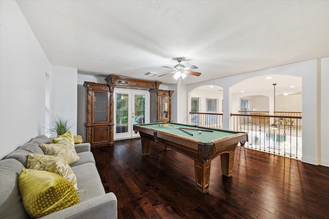 14610 Majestic Oaks, Magnolia, TX 77354 - game room with french doors, a ceiling fan, hardwood / wood-style flooring, pool table, and arched walkways