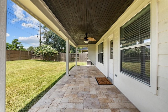 6907 Autumn Rain Ln, Spring, TX 77379 - fenced backyard featuring a patio and a ceiling fan
