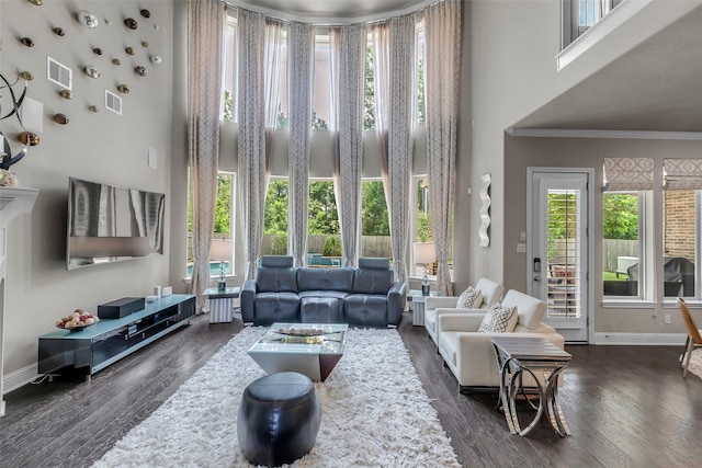 5434 Lockwood Bend Ln, Sugar Land, TX 77479 - living area featuring a towering ceiling, dark wood-style flooring, and crown molding