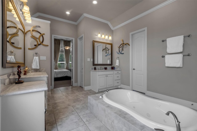 5434 Lockwood Bend Ln, Sugar Land, TX 77479 - bathroom featuring vanity, a tub with jets, ornamental molding, recessed lighting, and connected bathroom
