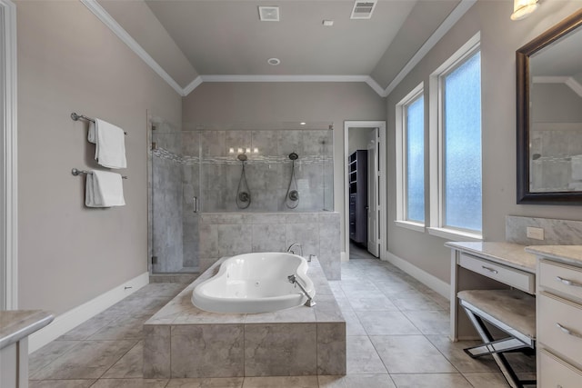 5434 Lockwood Bend Ln, Sugar Land, TX 77479 - bathroom with crown molding, a stall shower, a whirlpool tub, vanity, and tile patterned floors