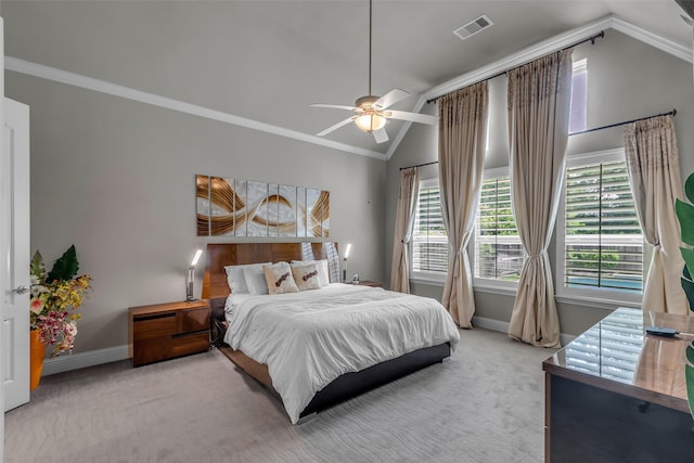 5434 Lockwood Bend Ln, Sugar Land, TX 77479 - bedroom with vaulted ceiling, multiple windows, carpet, ornamental molding, and ceiling fan