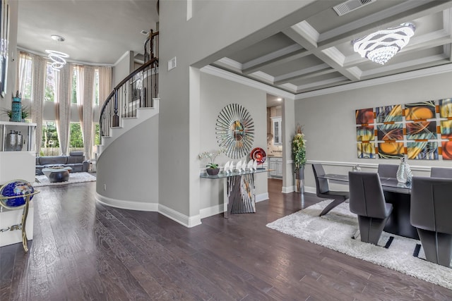 5434 Lockwood Bend Ln, Sugar Land, TX 77479 - dining room featuring a chandelier, ornamental molding, coffered ceiling, stairway, and beamed ceiling