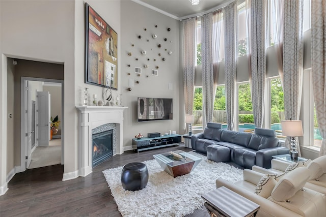 5434 Lockwood Bend Ln, Sugar Land, TX 77479 - living area with a high ceiling, dark wood-style floors, a glass covered fireplace, plenty of natural light, and ornamental molding
