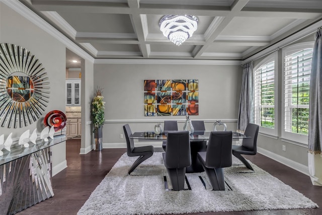 5434 Lockwood Bend Ln, Sugar Land, TX 77479 - dining room featuring a chandelier, dark wood-type flooring, coffered ceiling, beam ceiling, and crown molding