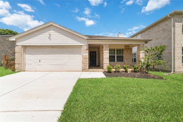 20126 Cypresswood Gln, Spring, TX 77373 - ranch-style house featuring brick siding, driveway, a front lawn, a garage, and a chimney