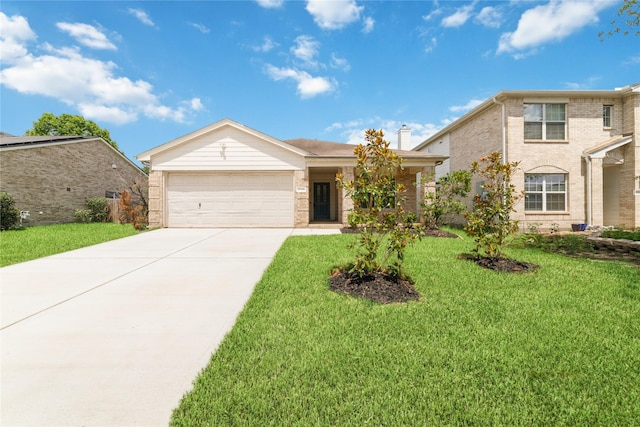 20126 Cypresswood Gln, Spring, TX 77373 - view of front of house with driveway, a garage, a front yard, brick siding, and a chimney