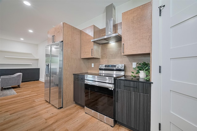 2015 Creston Dr, Houston, TX 77026 - kitchen featuring wall chimney exhaust hood, appliances with stainless steel finishes, light wood-type flooring, dark countertops, and backsplash