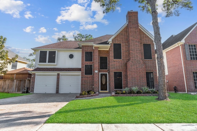 5602 Society Ln, Houston, TX 77084 - view of front of property with a chimney, a garage, concrete driveway, brick siding, and a shingled roof
