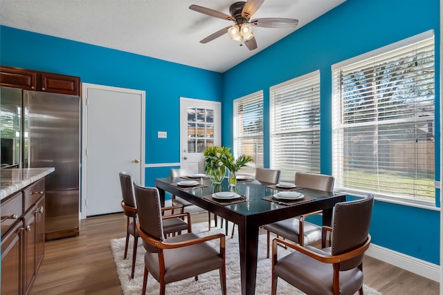 5602 Society Ln, Houston, TX 77084 - dining room featuring a ceiling fan, plenty of natural light, and light wood-style flooring