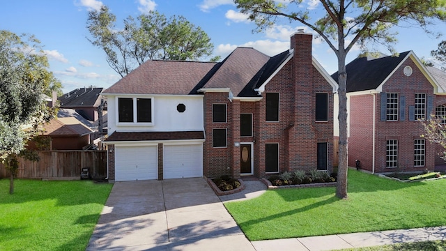 5602 Society Ln, Houston, TX 77084 - view of front of property featuring concrete driveway, a chimney, an attached garage, brick siding, and a shingled roof