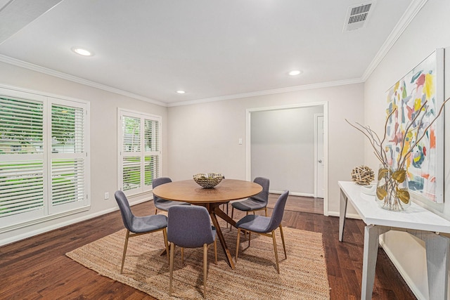 2535 Rosefield Dr, Houston, TX 77080 - dining space with dark wood-style floors, ornamental molding, and recessed lighting