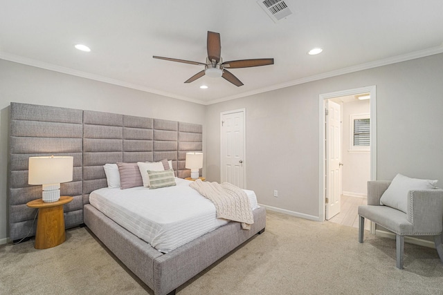 2535 Rosefield Dr, Houston, TX 77080 - bedroom featuring recessed lighting, light carpet, ornamental molding, connected bathroom, and ceiling fan