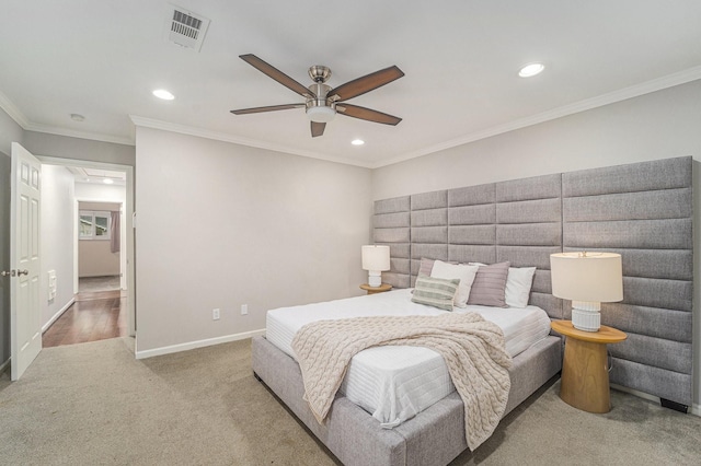 2535 Rosefield Dr, Houston, TX 77080 - carpeted bedroom with recessed lighting, ceiling fan, and ornamental molding