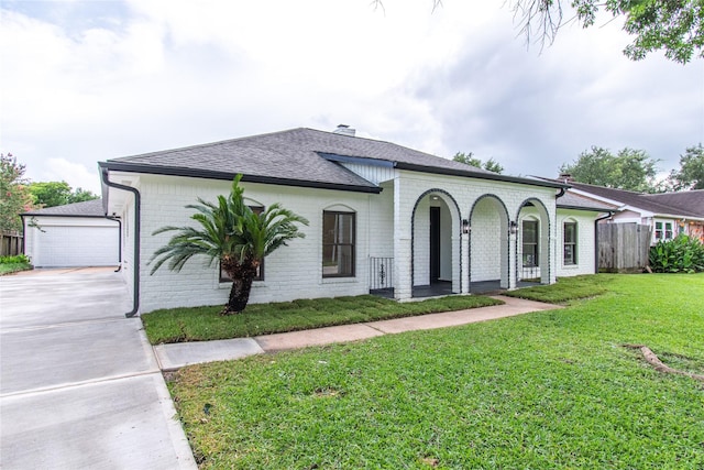 11523 Bandlon Dr, Houston, TX 77072 - view of front of home featuring brick siding, roof with shingles, concrete driveway, and an outbuilding