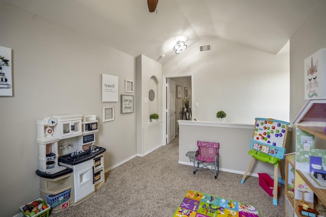 18605 Syndee Loch Ct, Spring, TX 77379 - rec room with lofted ceiling, carpet, and ceiling fan
