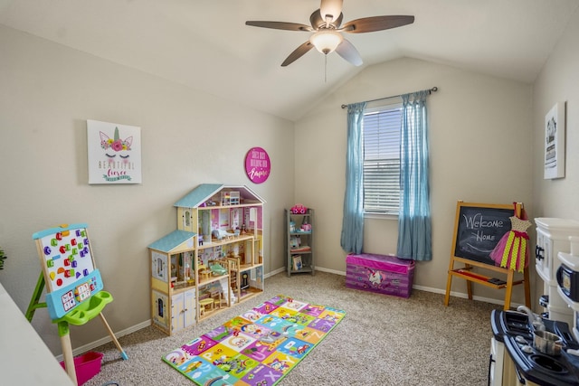 18605 Syndee Loch Ct, Spring, TX 77379 - recreation room with a ceiling fan, vaulted ceiling, and carpet flooring