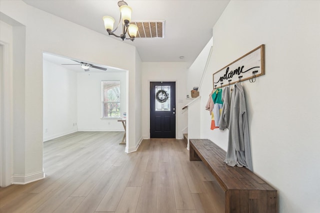 4206 Brazos Bend Dr, Pearland, TX 77584 - mudroom with a chandelier, light wood-type flooring, and a ceiling fan
