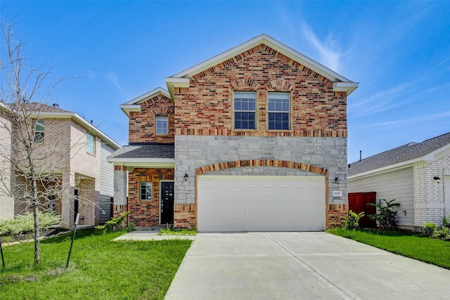 22351 Auburn Cabin Ln, Porter, TX 77365 - view of front of house featuring brick siding, concrete driveway, a front lawn, and an attached garage