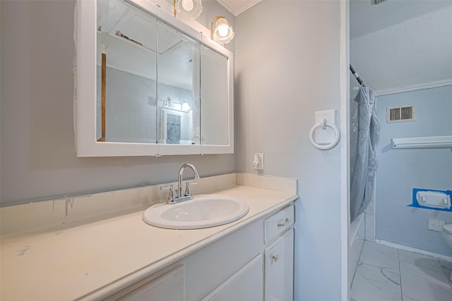 13351 Oak Leaf Ln, Houston, TX 77015 - bathroom featuring vanity, marble look tiles, and shower / bath combination with curtain