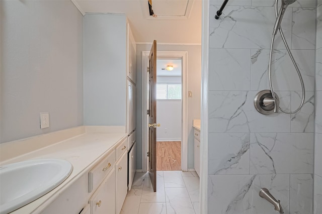 13351 Oak Leaf Ln, Houston, TX 77015 - bathroom featuring vanity, a shower, and marble finish flooring