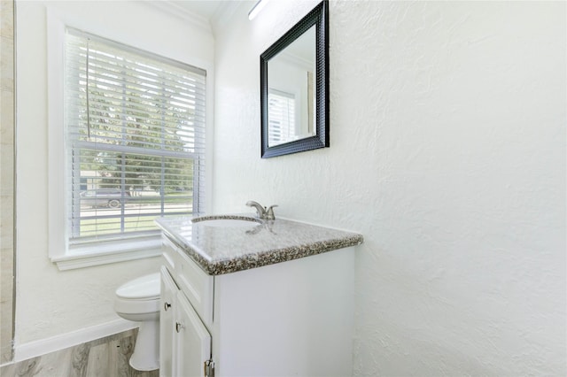 5326 Keystone St, Houston, TX 77021 - bathroom featuring vanity, wood finished floors, ornamental molding, and a textured wall
