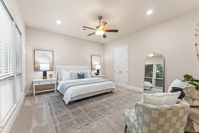 13207 Parkway Meadows Dr, Houston, TX 77077 - bedroom featuring carpet flooring, recessed lighting, ceiling fan, and a closet