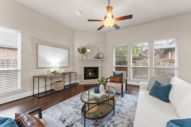 13207 Parkway Meadows Dr, Houston, TX 77077 - living room featuring wood finished floors, a ceiling fan, and a glass covered fireplace
