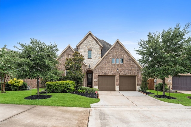 13207 Parkway Meadows Dr, Houston, TX 77077 - french country home with stone siding, driveway, a garage, brick siding, and a front yard