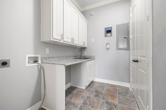 12832 Willow Centre Drive E And F, Houston, TX 77066 - laundry area with electric dryer hookup, cabinet space, electric panel, hookup for a washing machine, and ornamental molding