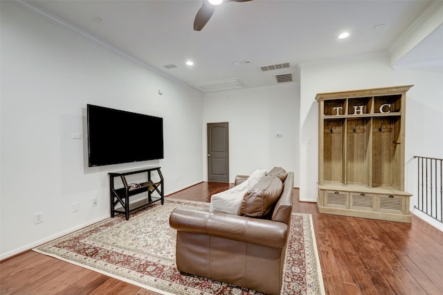 4004 Childress St, Houston, TX 77005 - living room featuring a ceiling fan, wood finished floors, ornamental molding, attic access, and recessed lighting