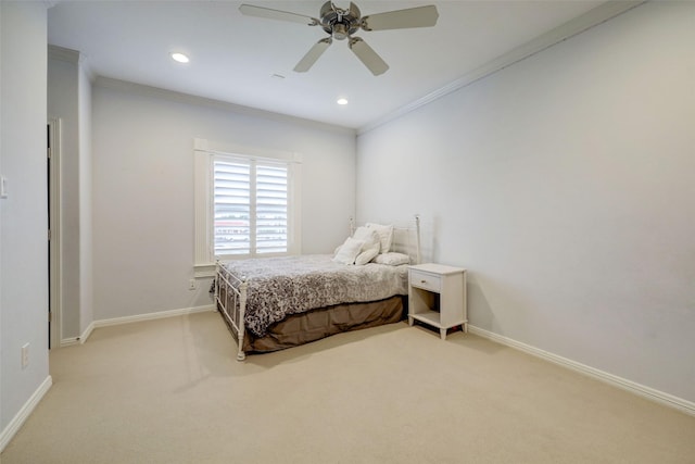 4004 Childress St, Houston, TX 77005 - bedroom featuring ornamental molding, light colored carpet, recessed lighting, and a ceiling fan