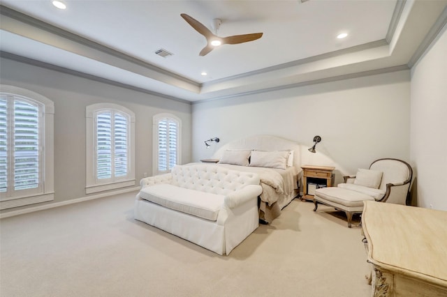 4004 Childress St, Houston, TX 77005 - carpeted bedroom featuring a tray ceiling, multiple windows, ornamental molding, recessed lighting, and a ceiling fan