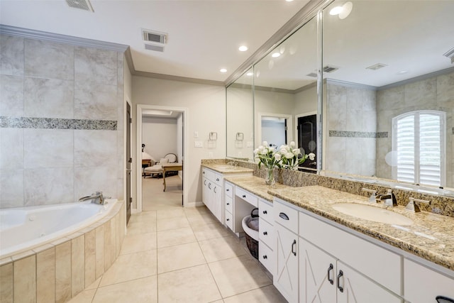 4004 Childress St, Houston, TX 77005 - full bath with ornamental molding, tile patterned flooring, double vanity, a bath, and ensuite bath