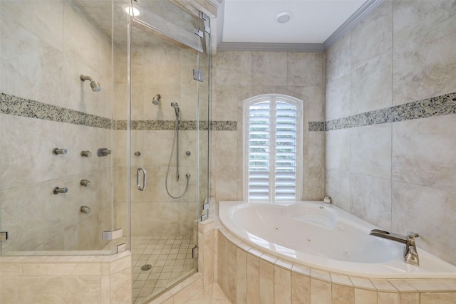 4004 Childress St, Houston, TX 77005 - full bath with a jetted tub, a stall shower, ornamental molding, and tile patterned floors