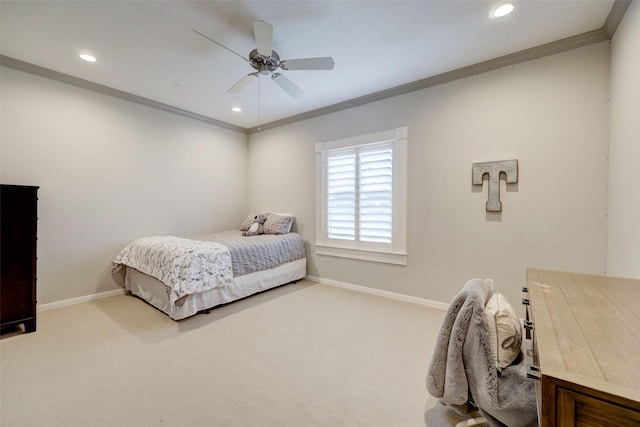 4004 Childress St, Houston, TX 77005 - bedroom with ornamental molding, recessed lighting, carpet floors, and ceiling fan
