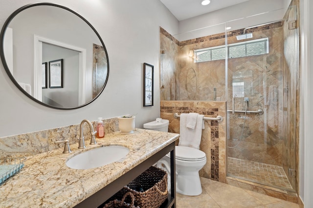 8522 Hillsboro Pl, Sugar Land, TX 77479 - full bathroom featuring a stall shower, vanity, tile patterned flooring, and recessed lighting