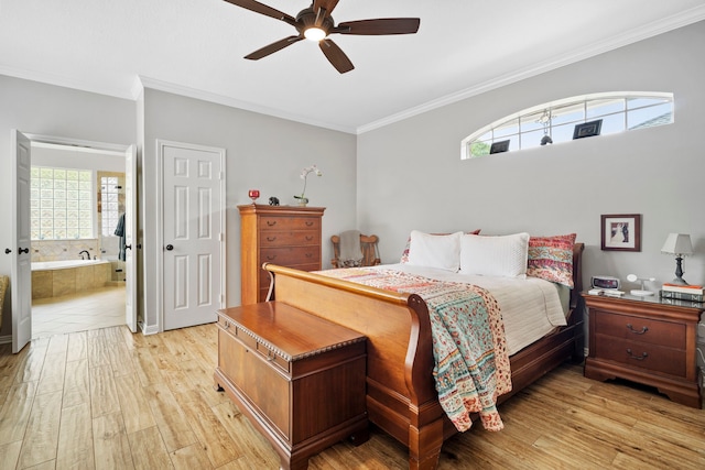 8522 Hillsboro Pl, Sugar Land, TX 77479 - bedroom featuring light wood finished floors, crown molding, ensuite bathroom, and a ceiling fan