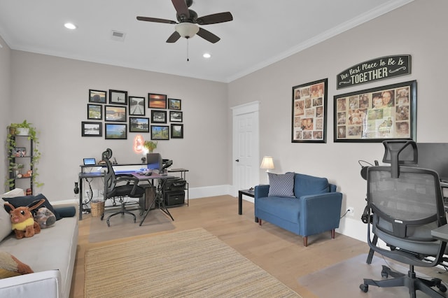 15203 Wildwood Cir, Magnolia, TX 77354 - office area with ceiling fan, light wood-style floors, ornamental molding, and recessed lighting