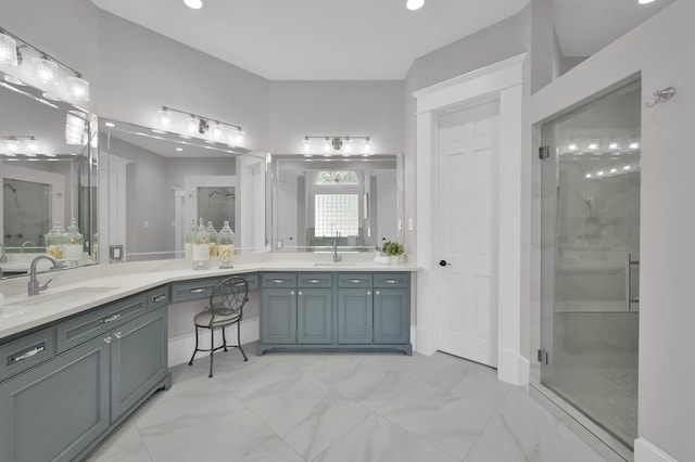 15203 Wildwood Cir, Magnolia, TX 77354 - full bath featuring a shower stall, double vanity, marble finish floors, and recessed lighting