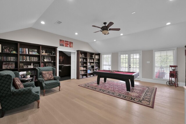 15203 Wildwood Cir, Magnolia, TX 77354 - playroom featuring vaulted ceiling, wood finished floors, ceiling fan, billiards table, and recessed lighting