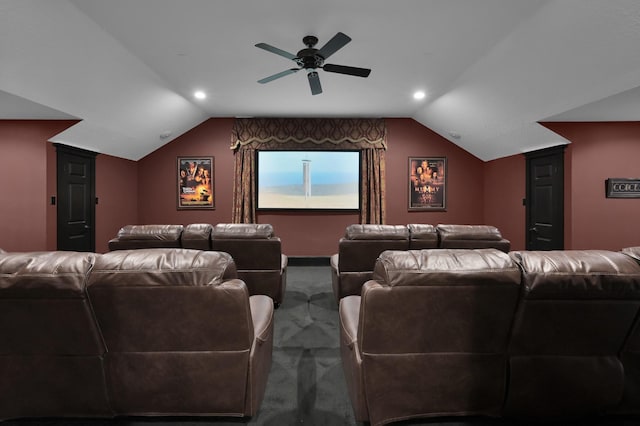 15203 Wildwood Cir, Magnolia, TX 77354 - home theater room with vaulted ceiling, ceiling fan, carpet flooring, and recessed lighting