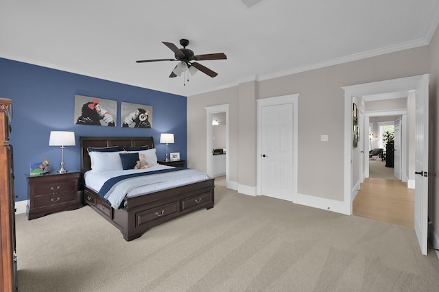 15203 Wildwood Cir, Magnolia, TX 77354 - bedroom featuring light colored carpet, ornamental molding, ceiling fan, and connected bathroom