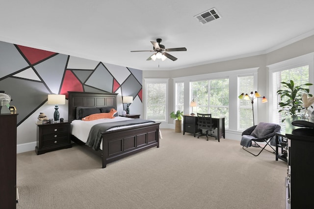 15203 Wildwood Cir, Magnolia, TX 77354 - carpeted bedroom with crown molding, multiple windows, and a ceiling fan
