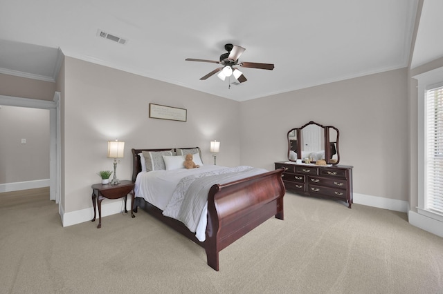 15203 Wildwood Cir, Magnolia, TX 77354 - bedroom featuring light carpet, ornamental molding, and a ceiling fan