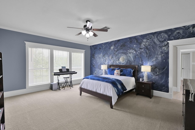 15203 Wildwood Cir, Magnolia, TX 77354 - carpeted bedroom with an office area, wallpapered walls, ceiling fan, and an accent wall