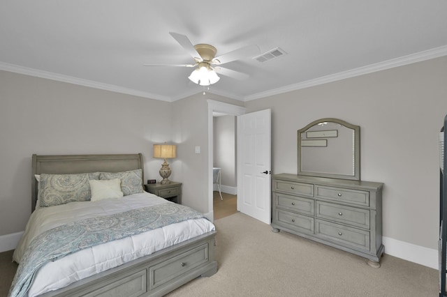 15203 Wildwood Cir, Magnolia, TX 77354 - bedroom with ornamental molding, light carpet, and ceiling fan