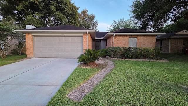 3018 Sherborne St, Pearland, TX 77584 - single story home featuring a front yard, concrete driveway, a garage, and brick siding